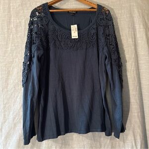 Roz & Ali Sweater Top Women’s Long Sleeve Lace Accents Blue Sz 1X NWT